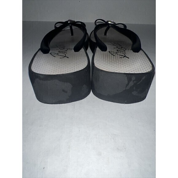 Brighton Bowie Sz 10 Black Silver Rhinestone Bow‎ Thong Wedge Flip Flop Shoes - Picture 4 of 9